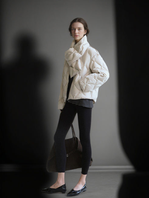 90% Polish White Duck Down Quilted Puffer Jacket for Women Winter with Scarf