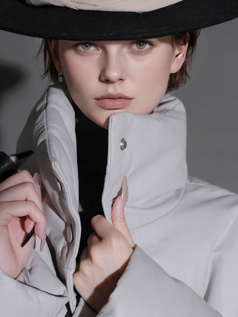 Women’s Genuine Sheepskin Down Jacket | Stand Collar White Goose Down Leather Coat for Fall and Winter