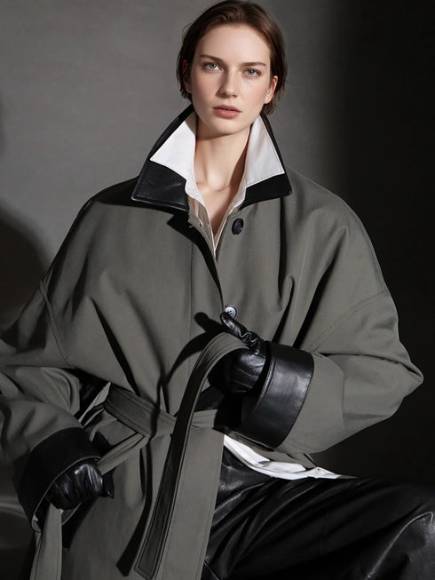 Barn-Style Chic Lambskin Leather Collar Trench Coat for Women – Gender-Neutral Long Autumn Overcoat with Unique Design