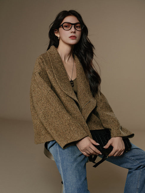 Women's Wool Tweed-Effect Coat with Sculptural Lapel and Asymmetric Front Closure – Structured Winter Overcoat