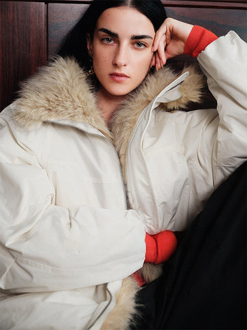 Eco-Friendly Faux Fur Flower Bud Collar Puffer Jacket | Stylish Short-Length & Versatile Women's Outerwear