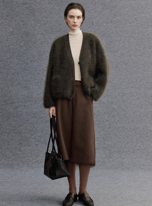 Brushed Merino Wool Knit Sweater | Minimalist Relaxed-Fit Brushed Short Jacket for Women