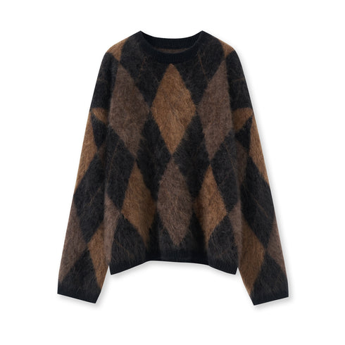 Brushed Cashmere Diamond-Pattern Crewneck Sweater for Women | Soft Long-Sleeve Knit in British-Inspired Style