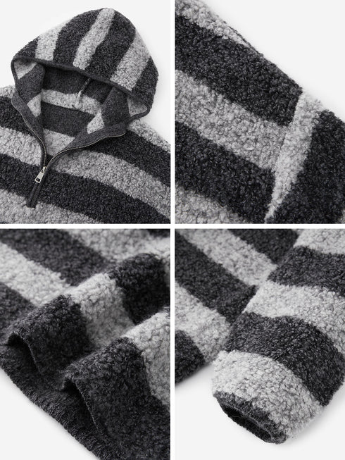 Pure Wool Hooded Striped Sweater for Women | Relaxed Half-Zip Loose-Fit Textured Knit Pullover