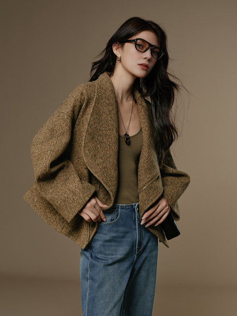 Women's Wool Tweed-Effect Coat with Sculptural Lapel and Asymmetric Front Closure – Structured Winter Overcoat
