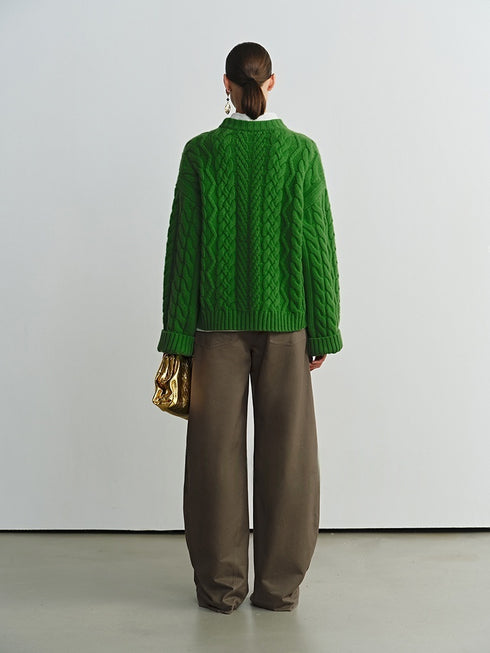 Retro Green Wool Cable Knit Sweater – Loose Christmas Pullover for Women, Autumn Winter Outfit