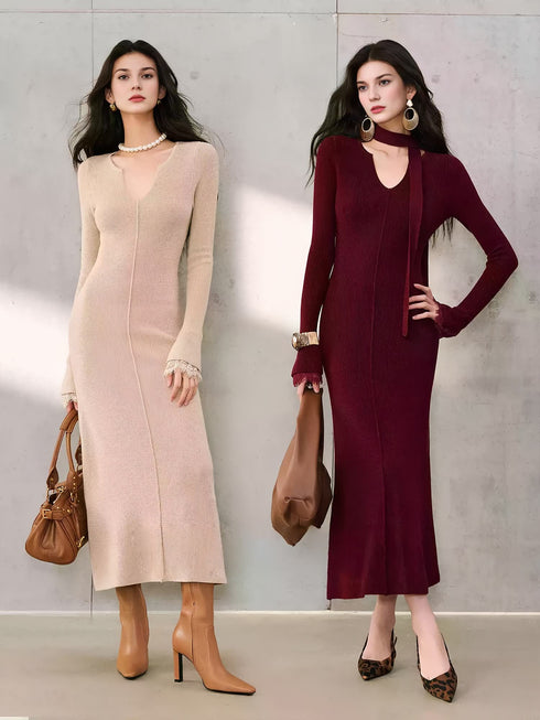 Shimmery Wool Waffle-Texture Maxi Dress with V-Neck Tie and Lace Trim