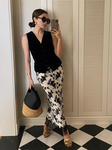 Elegant Acetate Midi Skirt with Floral Print & Eyelash Lace