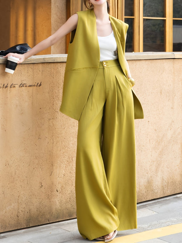 Mustard Yellow Acetate Vest + Wide-Leg Pants Two-Piece Set