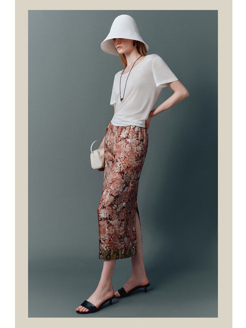 Elegant 100% Silk Skirt – Straight Cut with Monet Garden-Inspired Floral Print