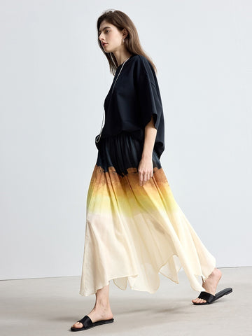 Artistic Gradient Sunset Print Tencel Pleated Skirt with Flared Hem