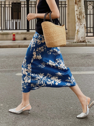 Mulberry Silk Bias-Cut Skirt – Navy Blue Daylily Print in Washed Satin