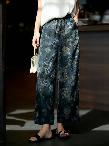 Golden Peony Jacquard Cocoon Pants in 22 Momme Gambiered Guangdong Silk