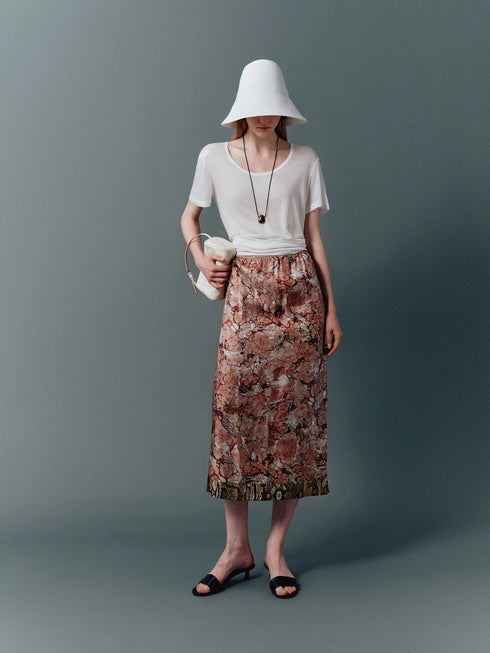 Elegant 100% Silk Skirt – Straight Cut with Monet Garden-Inspired Floral Print