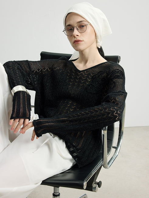 Cutout Thin Knit Cardigan & Sheer Crochet Blouse with Paper Yarn T-Shirt – Metal-Free Accessories