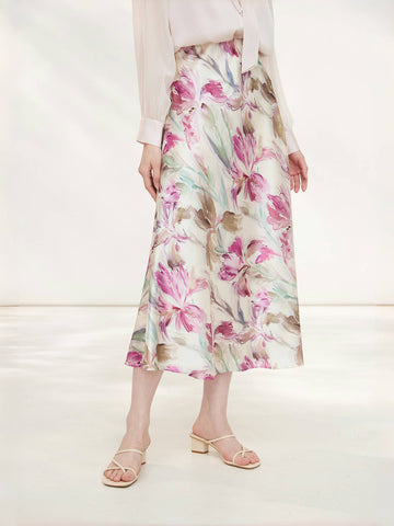 French-Inspired Mulberry Silk A-Line Skirt – Mid-Length Printed Knee-Length Design