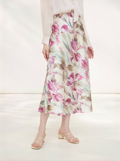 French-Inspired Mulberry Silk A-Line Skirt – Mid-Length Printed Knee-Length Design