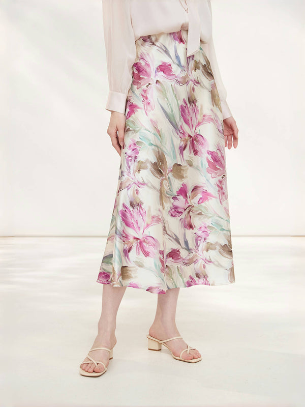 French-Inspired Mulberry Silk A-Line Skirt – Mid-Length Printed Knee-Length Design