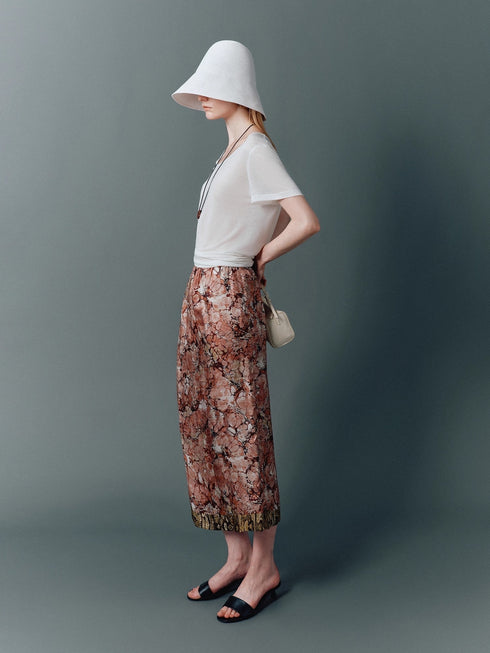 Elegant 100% Silk Skirt – Straight Cut with Monet Garden-Inspired Floral Print