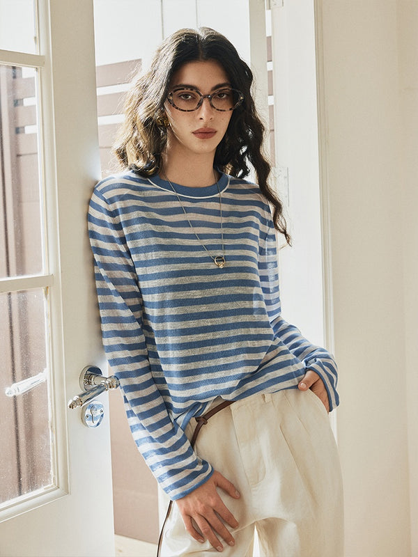 French Sheer Breton Knit Top – Lightweight Linen Lyocell Blend, Breathable & Relaxed Fit