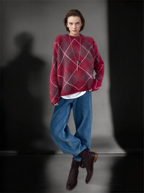 Women’s Wool Cashmere Argyle Knit Sweater | Loose Fit British Style Pullover for Fall Winter