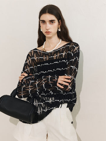 Nomadic Style Artisanal Hollow-Knit Boat Neck Top – Slimming Fit and Exquisite Craftsmanship