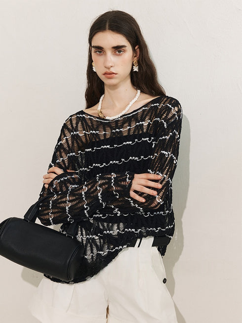 Nomadic Style Artisanal Hollow-Knit Boat Neck Top – Slimming Fit and Exquisite Craftsmanship