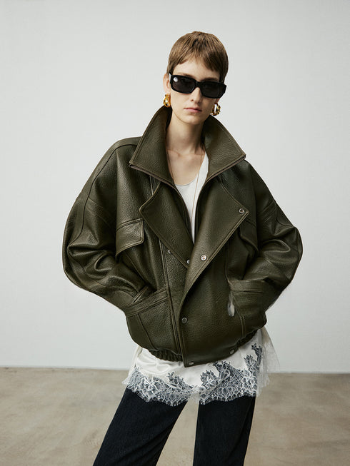 2025 Fall/Winter Women’s Vintage Sheepskin Leather Jacket – Double-Layer Lapel & Structured Panel Design