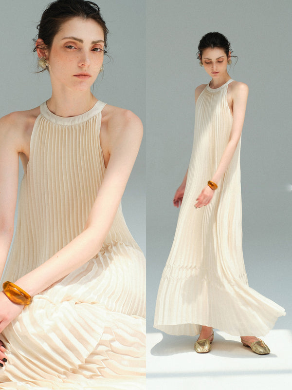 Couture Pleated Halter Neck Maxi Dress – Sleeveless Resort Vacation Dress