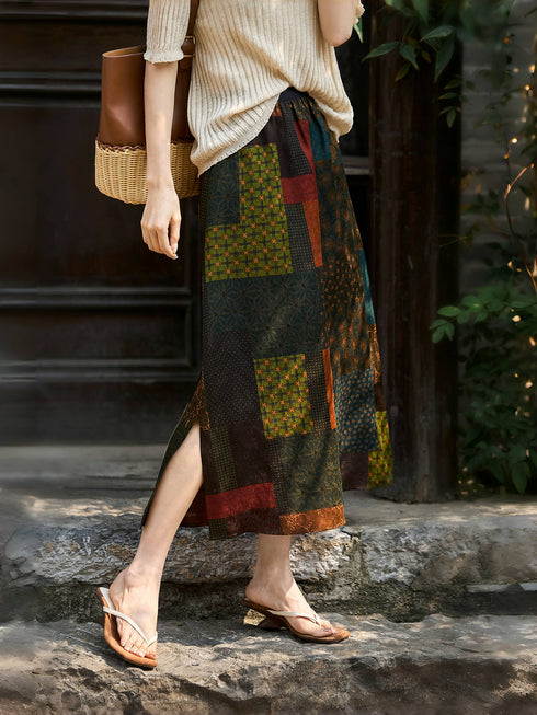Gambiered Guangdong Silk Midi Skirt – 100% Mulberry Silk, Intangible Heritage Craft