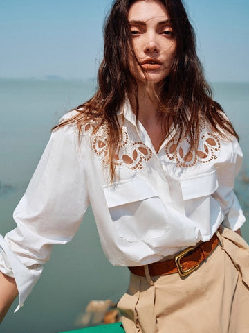 Luxury French Hollow Embroidered Cotton Blouse – Refined Craftsmanship, Elegant Summer Shirt