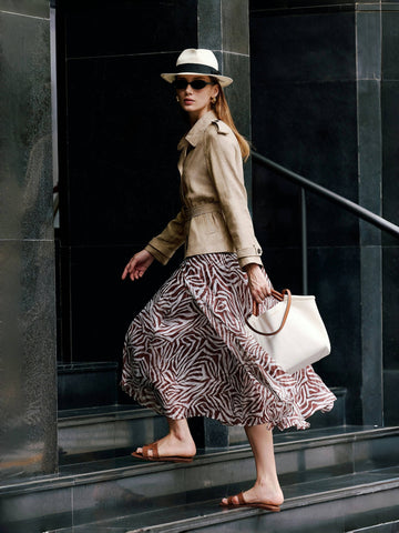 Mulberry Silk Zebra Print Midi Skirt – 6A Grade Draped Old Money Style