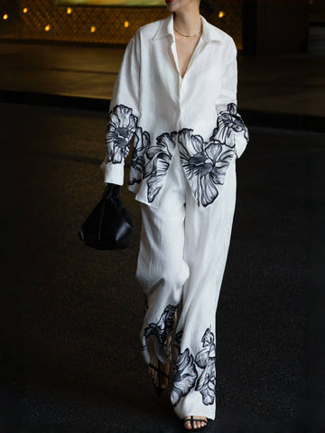Linen Two-Piece Set – Watercolor Lotus Embroidered Shirt & Wide-Leg Pants