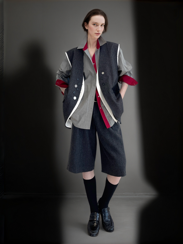 Two-Piece Style Blazer Vest for Women | Contrast Stitching Multi-Button Sleeveless Waistcoat