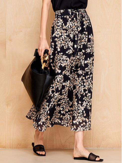 100%Mulberry Silk Floral Elastic Waist A Silk Over-the-Knee Mid-Length Skirt2025Spring and Summer