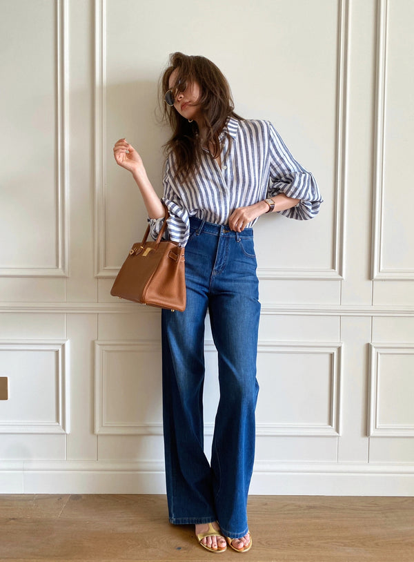Vintage Blue Striped Long Sleeve Shirt for Women2025Summer New,Unique Design with a Sense of Sophistication and Casual Style