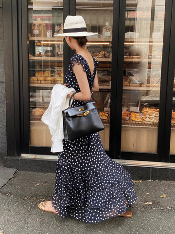 Silk Crepe de Chine French Romantic Polka Dot Dress Summer Ruffle Sleeve Silk Long Dress