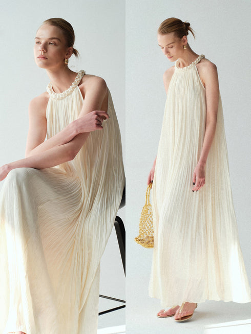 Lustre Island Silk Hand-Braided Halterneck Maxi Dress – Sleeveless Micro A-Line Resort Gown