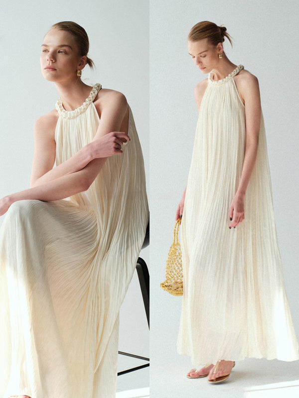 Lustre Island Silk Hand-Braided Halterneck Maxi Dress – Sleeveless Micro A-Line Resort Gown
