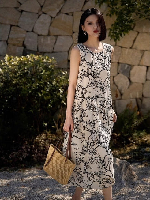 Ink-Dye Tencel Linen Sleeveless Dress – Loose Fit, Round Neck, Artistic Style