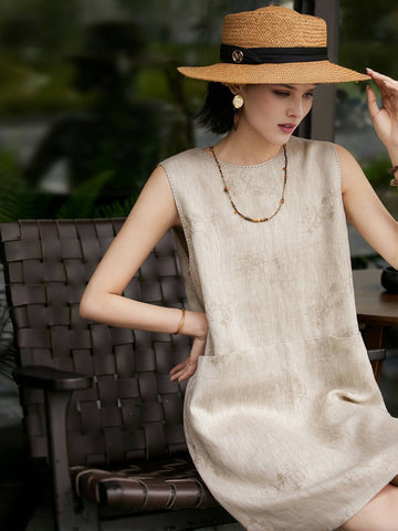 Linen Vest-Style Jacquard Midi Dress – Airy and Refined