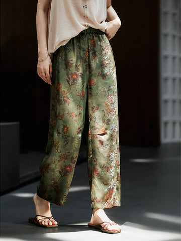 Printed Moss Flower Shadow Casual Pants – 22 Momme Mulberry Silk & Intangible Heritage Gambiered Guangdong Silk