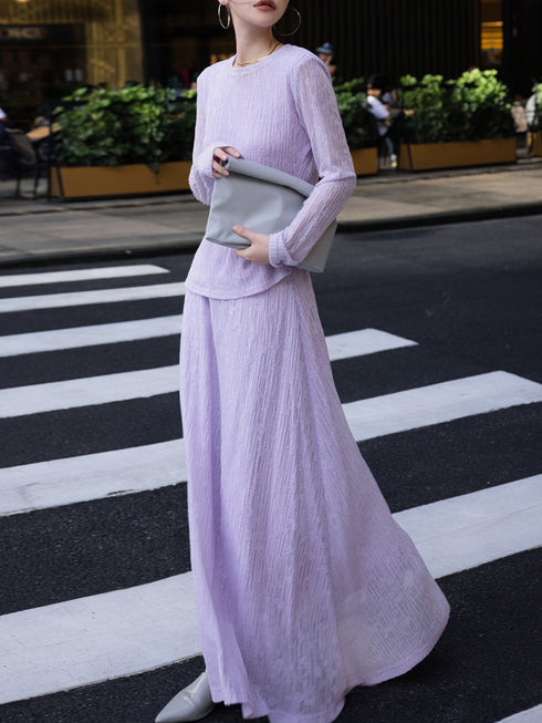 Early Autumn Violet Wool Set – Textured Tweed Top & Skirt Two-Piece