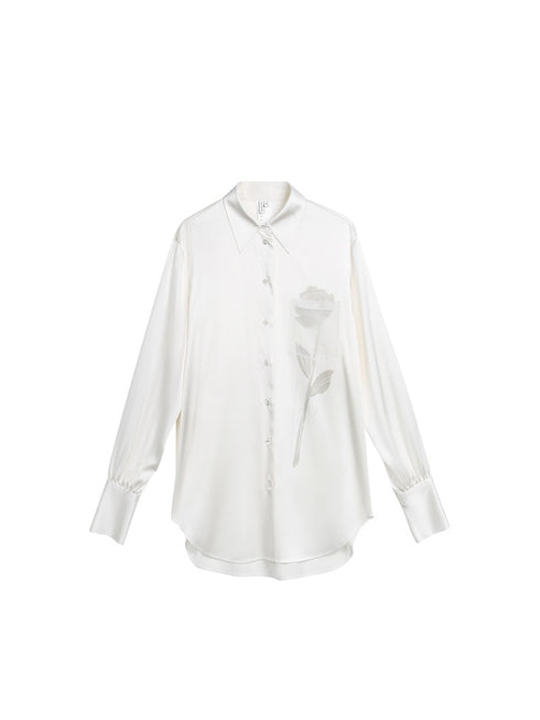Original Rose Print Blouse | Elegant Loose-Fit Commuter Shirt in Fluid Acetate Fabric