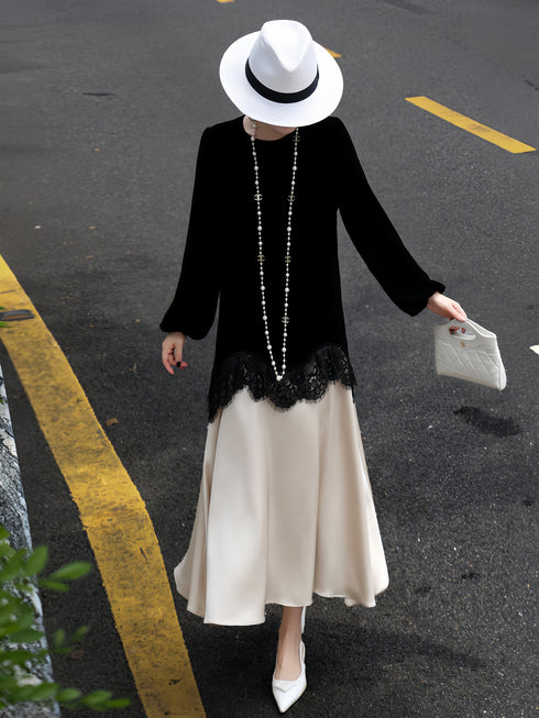 Casual Round Neck Long-Sleeve Dress – Silk & Lace Patchwork, Color Blocking, Loose Fit