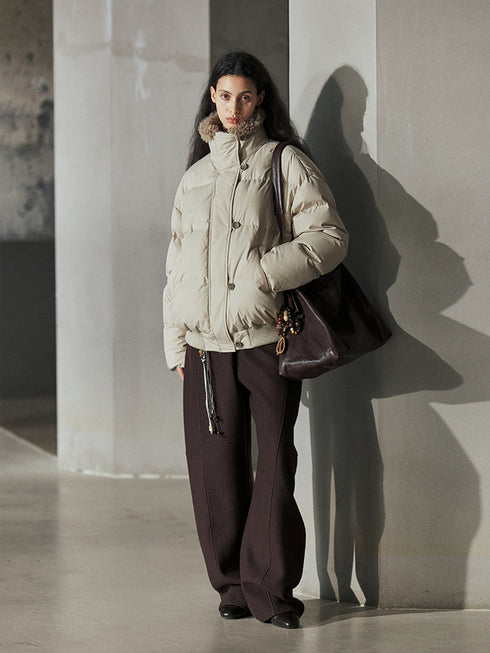 Thickened Winter Sherpa-Trim Stand Collar Down Jacket for Women – Warm Oversized Puffer Coat