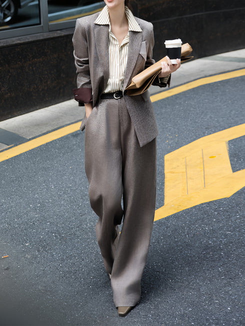 Vintage Old Money Style Fashion Set | Autumn High-End Linen Blazer Shirt & Trousers Two-Piece Outfit