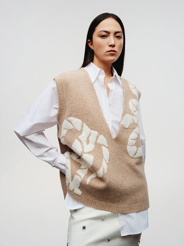 Golden Serpent Collection Wool Bouclé Knit V-Neck Vest – Loose Fit Winter Sweater Tank