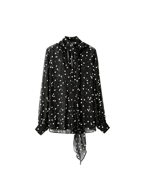 12MM Pure Mulberry Silk Polka Dot Chiffon Blouse | Irregular Hem Ribbon-Tie Women's Shirt