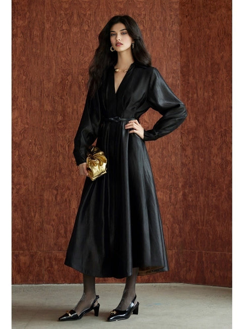 Lustrous Silk Brocade Shirt Dress – Structured Waistband, Full Skirt, Available in Long & Short Styles